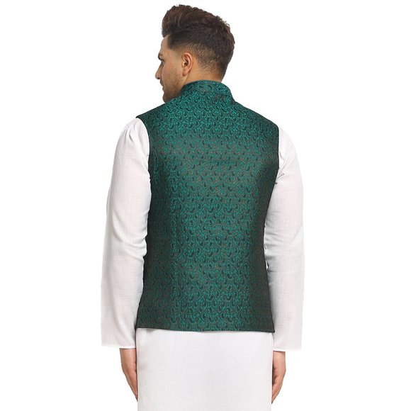 Sleeveless Traditional Brocade Silk Fabric Green Nehru Jacket by Treemoda - Picture 3 of 5